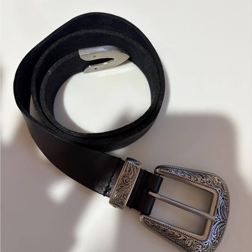 Classic Black Leather women’s  Belt with Ornate Silver Buckle